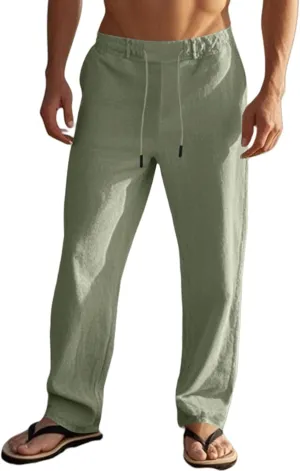 Mens Casual Workout Gym Pants Loose Fit Elastic Drawstring Waist Long Pants Cotton Linen Summer Yoga Beach Trousers