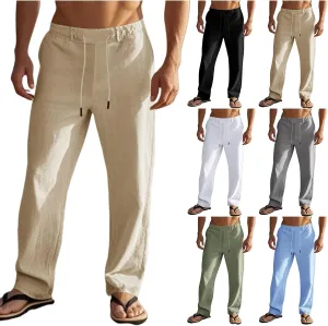 Mens Casual Workout Gym Pants Loose Fit Elastic Drawstring Waist Long Pants Cotton Linen Summer Yoga Beach Trousers