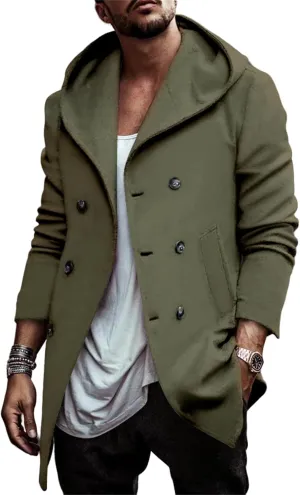Mens Classic Pea Coat Hoodie Notched Collar Double Breasted Slim Fit Winter Warm Trench Coats for Men with Hood