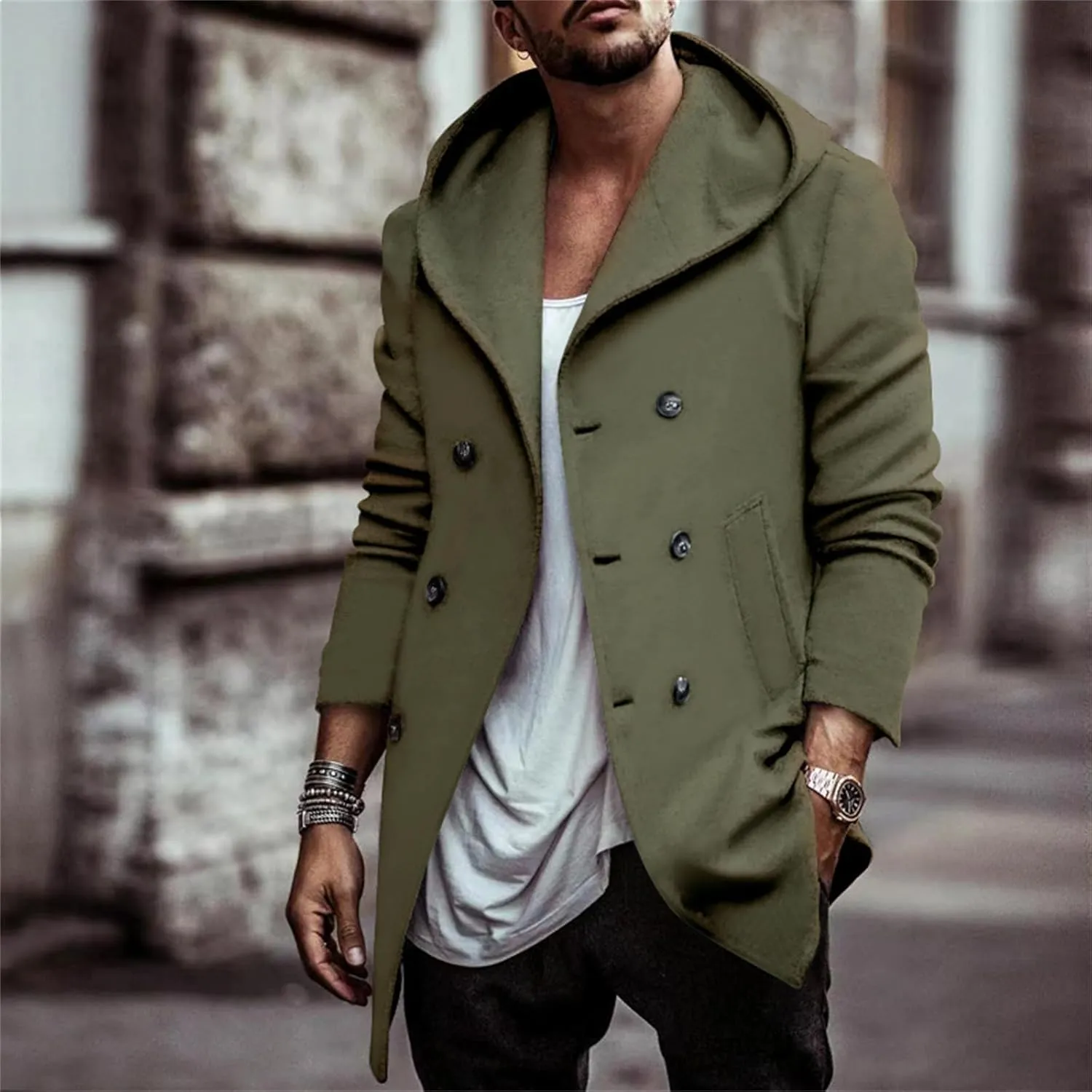 Mens Classic Pea Coat Hoodie Notched Collar Double Breasted Slim Fit Winter Warm Trench Coats for Men with Hood