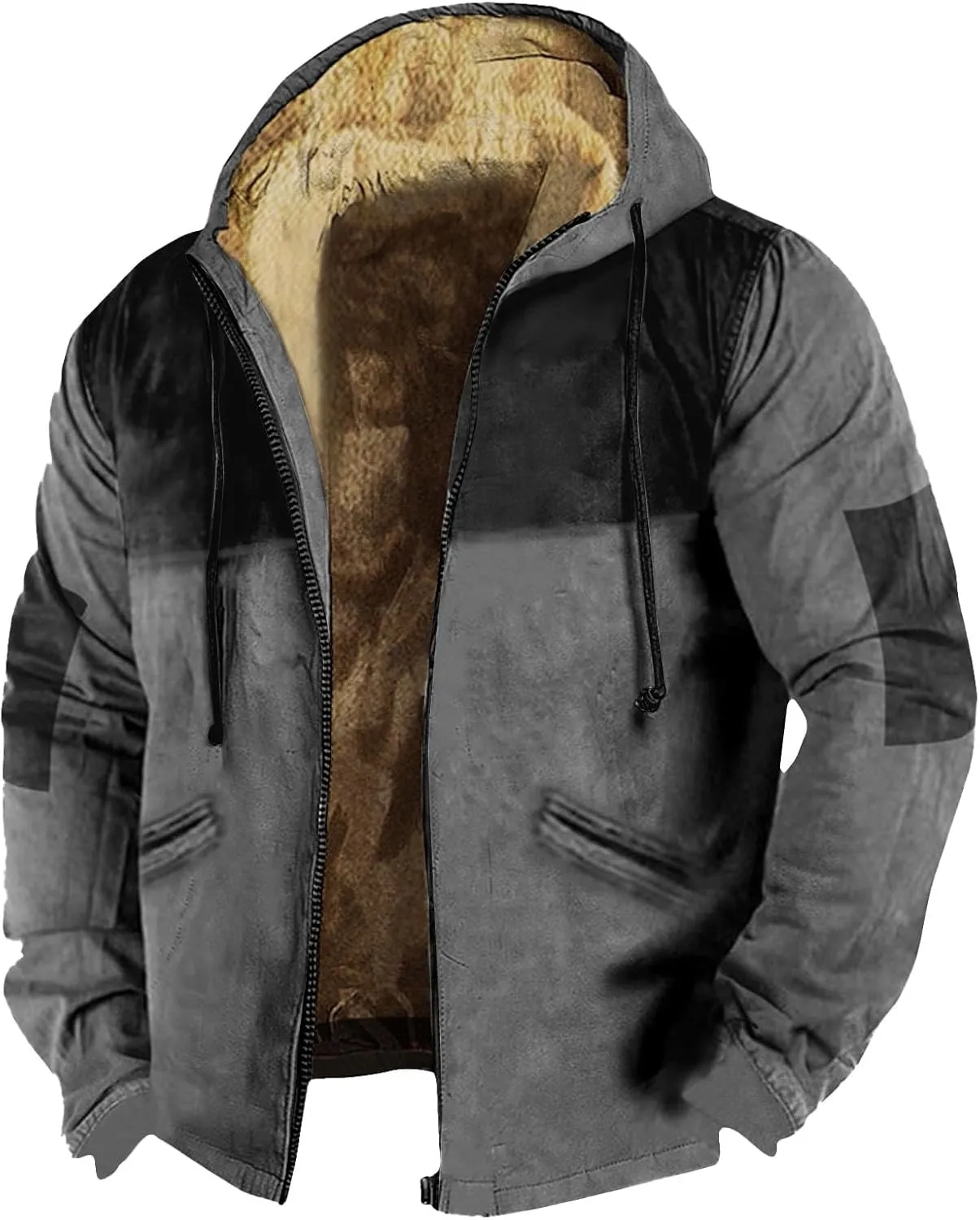 Men's Color Block Jacket Hoodies Winter Heavyweight Fleece Sherpa Lined Zipper Sweatshirt Jackets M-7XL
