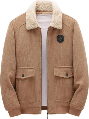 Men's Corduroy Jacket Casual Sherpa Fleece Lined Trucker Jackets Corduroy Bomber Jacket Coat for Men