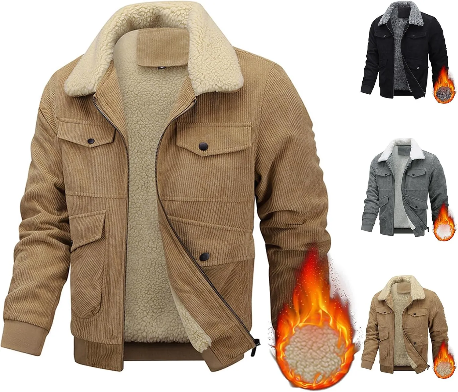 Mens Corduroy Jackets Sherpa Fleece Lined Warm Winter Casual Trucker Coats Stylish Bomber Jacket with Multi Pockets