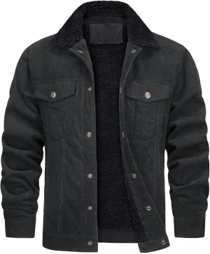 Men's Corduroy Sherpa Lined Trucker Jacket Turn-Down Collar Warm Winter Jacket Casual Coat for Men Multi Pockets