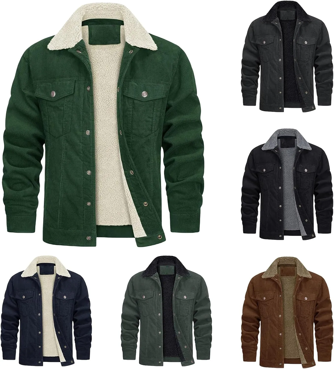 Men's Corduroy Sherpa Lined Trucker Jacket Winter Fleece Warm Coats Work Button Down Fur Collar Shirt Jacket for Men