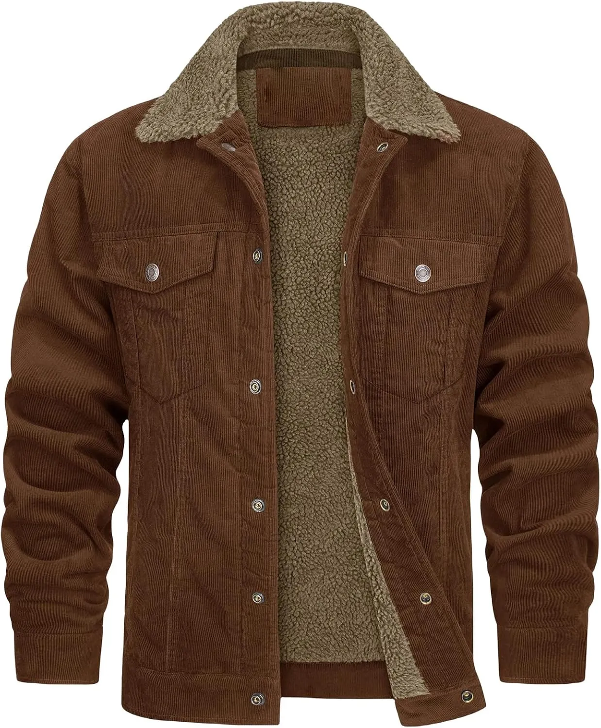 Men's Corduroy Sherpa Lined Trucker Jacket Winter Fleece Warm Coats Work Button Down Fur Collar Shirt Jacket for Men