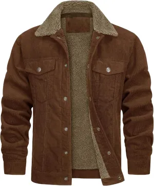 Men's Corduroy Sherpa Lined Trucker Jacket Winter Fleece Warm Coats Work Button Down Fur Collar Shirt Jacket for Men