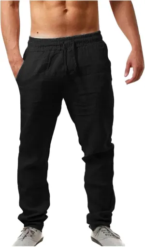 Mens Cotton Joggers Elastic Waist Loose Fit Lightweight Hiking Pants Casual Solid Plus Size Straight Leg Athletic Sweatpants