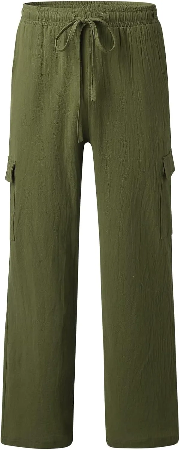 Mens Cotton Linen Cargo Pants Lightweight Elastic Waist Casual Sweatpants Drawstring Straight Loose Fit Trousers