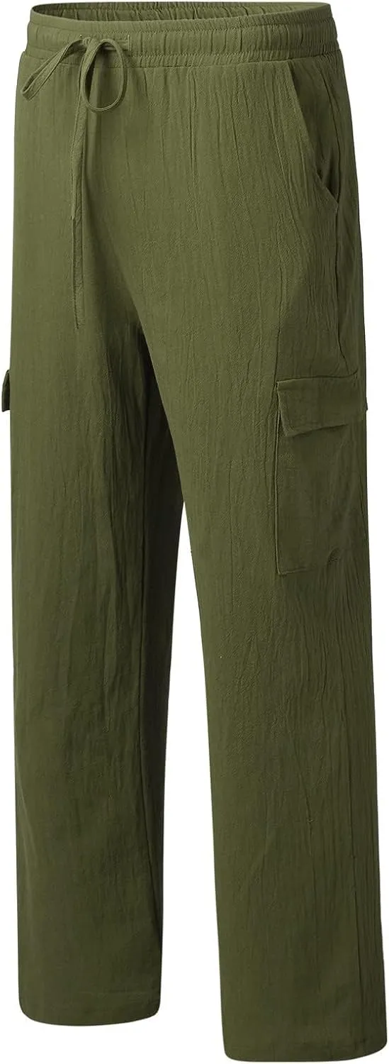 Mens Cotton Linen Cargo Pants Lightweight Elastic Waist Casual Sweatpants Drawstring Straight Loose Fit Trousers