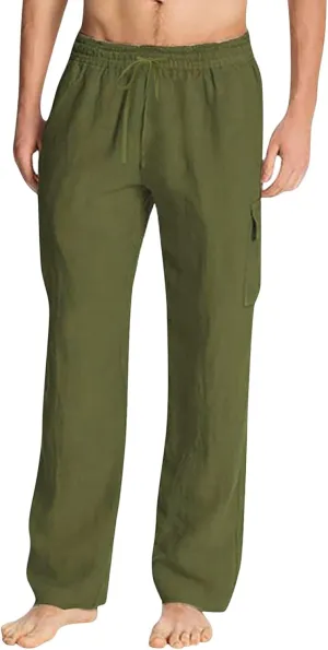 Mens Cotton Linen Cargo Pants Lightweight Elastic Waist Casual Sweatpants Drawstring Straight Loose Fit Trousers
