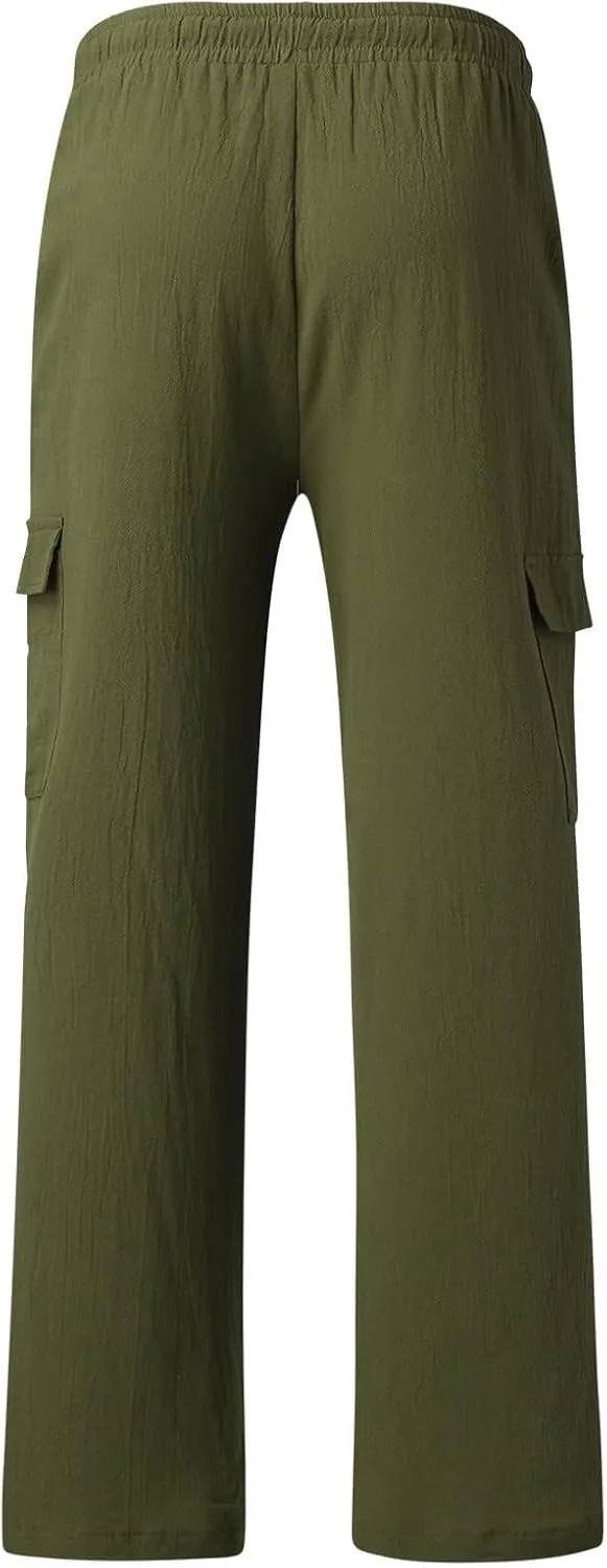 Mens Cotton Linen Cargo Pants Lightweight Elastic Waist Casual Sweatpants Drawstring Straight Loose Fit Trousers