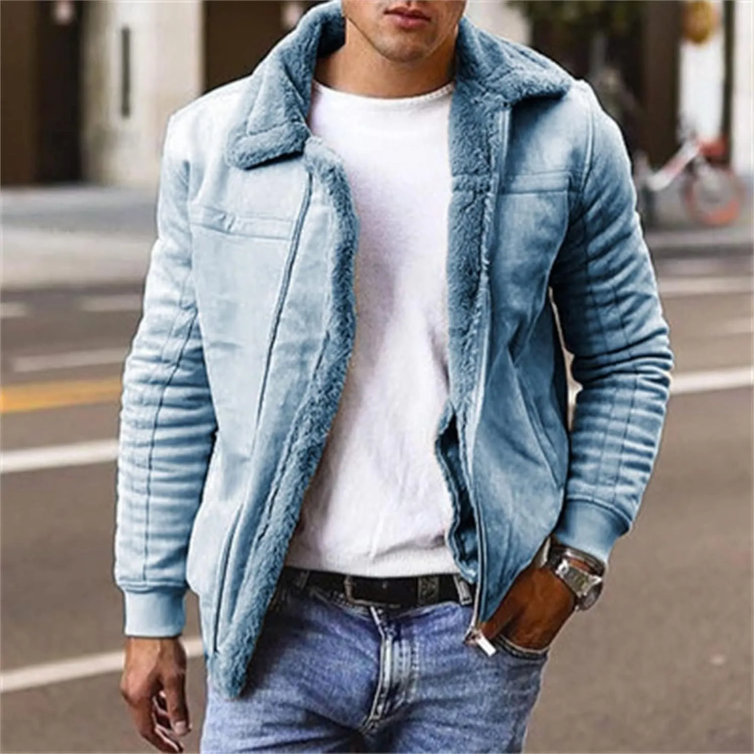 Men's Faux Leather Bomber Jacket Fur Collar Aviator Coat Thermal Lined for Winter