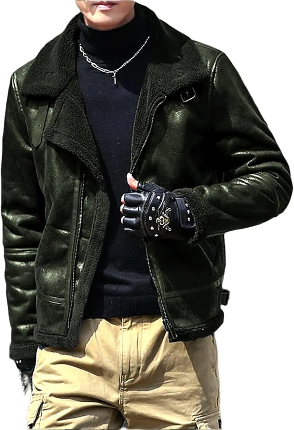 Men's Fleece Lined Leather Jacket Men Vintage Lapel Fur Collar Jackets Faux Leather Suede Sherpa Coats Fall Winter