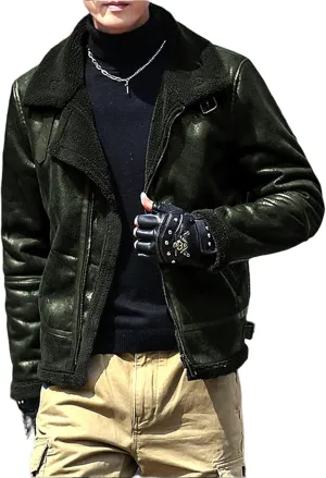 Men's Fleece Lined Leather Jacket Men Vintage Lapel Fur Collar Jackets Faux Leather Suede Sherpa Coats Fall Winter