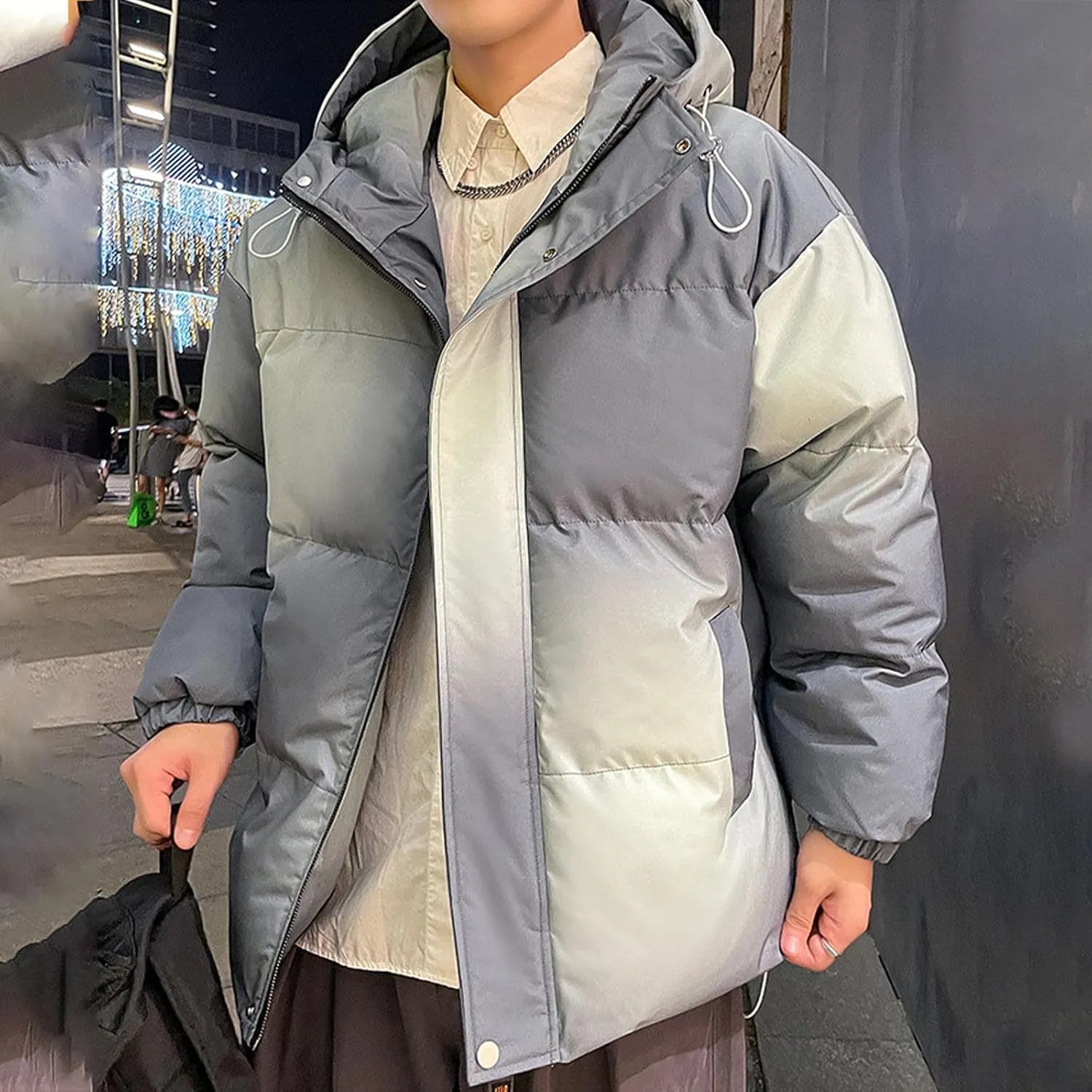 Men's Gradient Hooded Puffer Jacket Winter Warm Down Bubble Coats