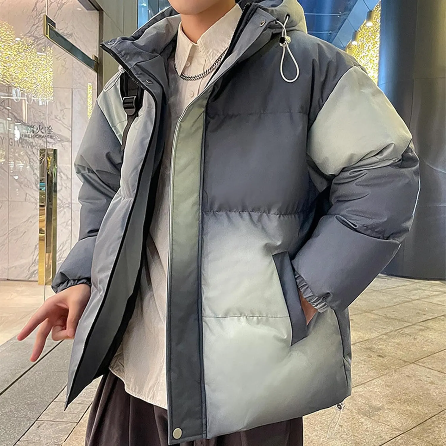 Men's Gradient Hooded Puffer Jacket Winter Warm Down Bubble Coats