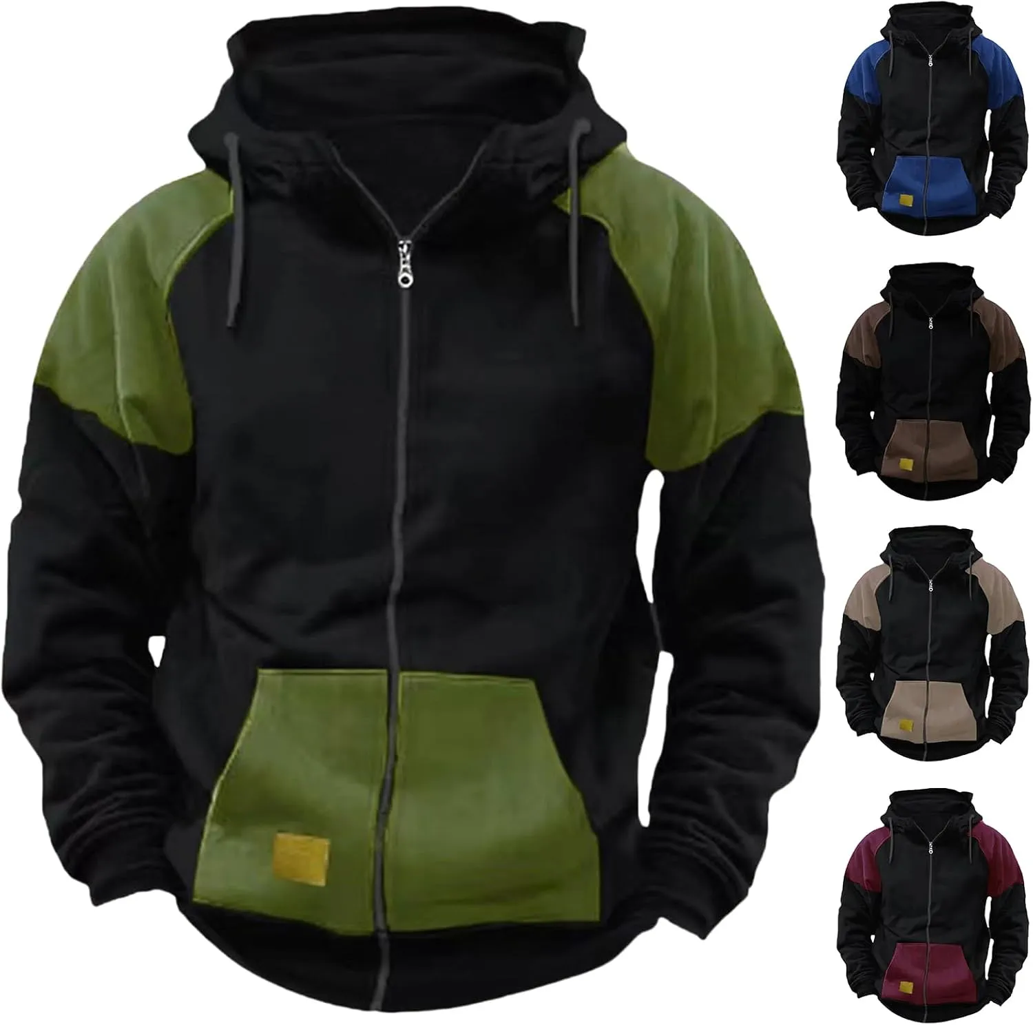 Men's Hooded Jacket Color Matching Zipper Sports Cardigan Blouse Loose Coat with Large Pockets