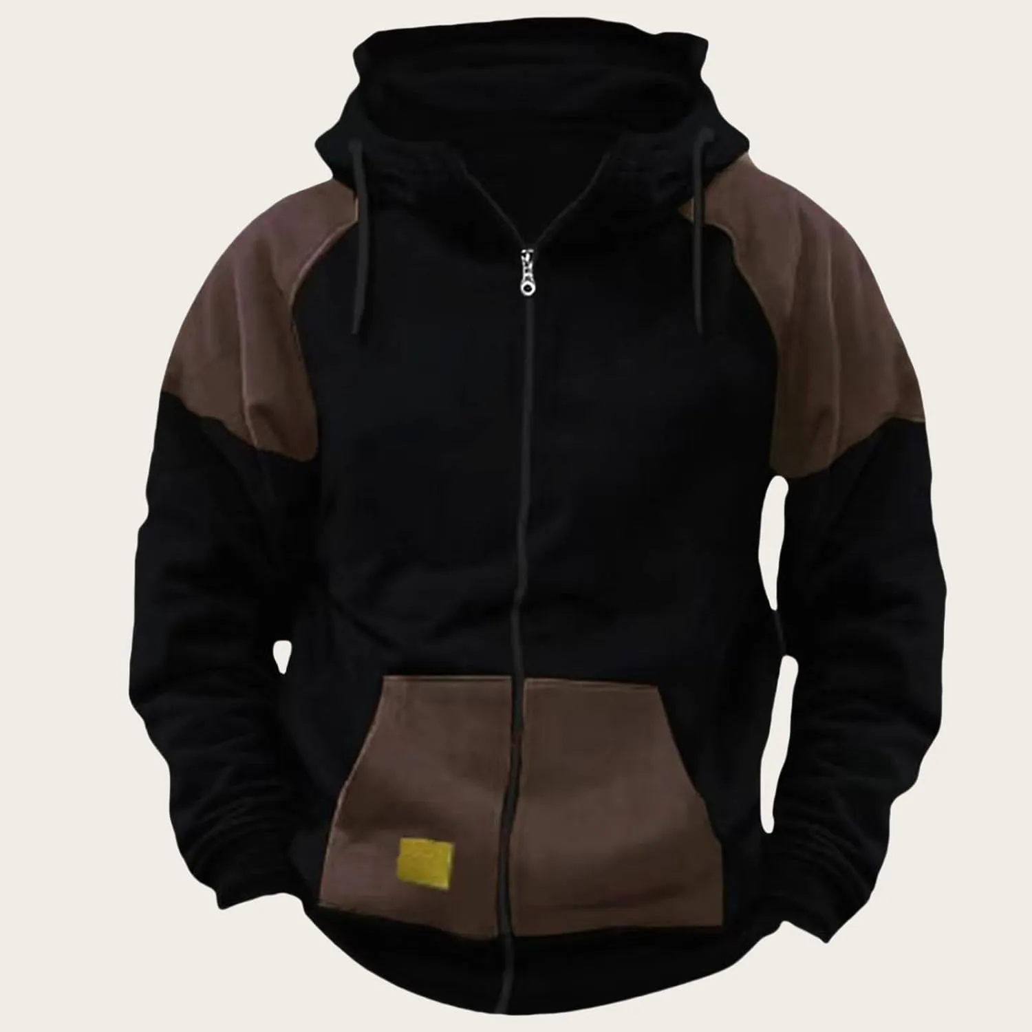 Men's Hooded Jacket Color Matching Zipper Sports Cardigan Blouse Loose Coat with Large Pockets