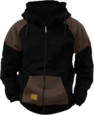 Men's Hooded Jacket Color Matching Zipper Sports Cardigan Blouse Loose Coat with Large Pockets