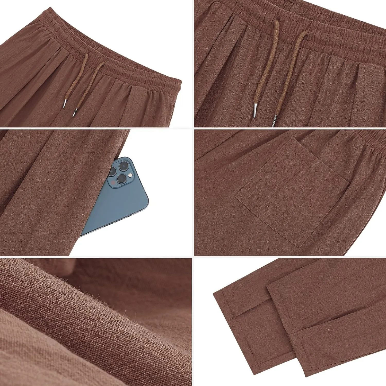 Men's Linen Pants Casual Drawstring Beach Pants Stretch Waist Summer Pants Lightweight Trouser with Pockets