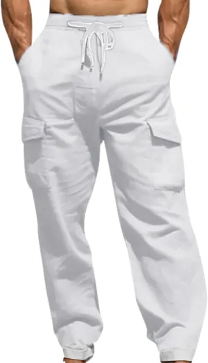 Men's Linen Pants Tall Elastic Waist Drawstring Pants Beach Palazzo Summer Pants Lightweight Trousers with Pockets