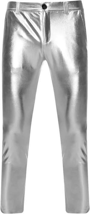 Mens Metallic Shiny Disco Pants Trendy Party Dance Pants Straight Leg Trousers 70s/80s Festival Rave PU Leather Pants