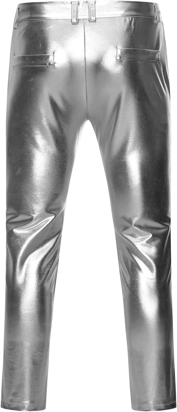 Mens Metallic Shiny Disco Pants Trendy Party Dance Pants Straight Leg Trousers 70s/80s Festival Rave PU Leather Pants