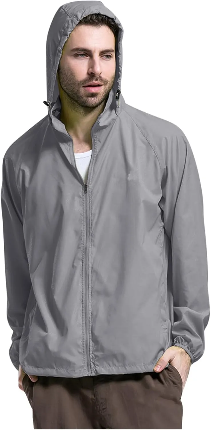 Mens Oversized Full Zip Rain Coats Unisex Baggy Outdoor Jackets with Hood Breathable Sports Windbreaker Lightweight Blouses
