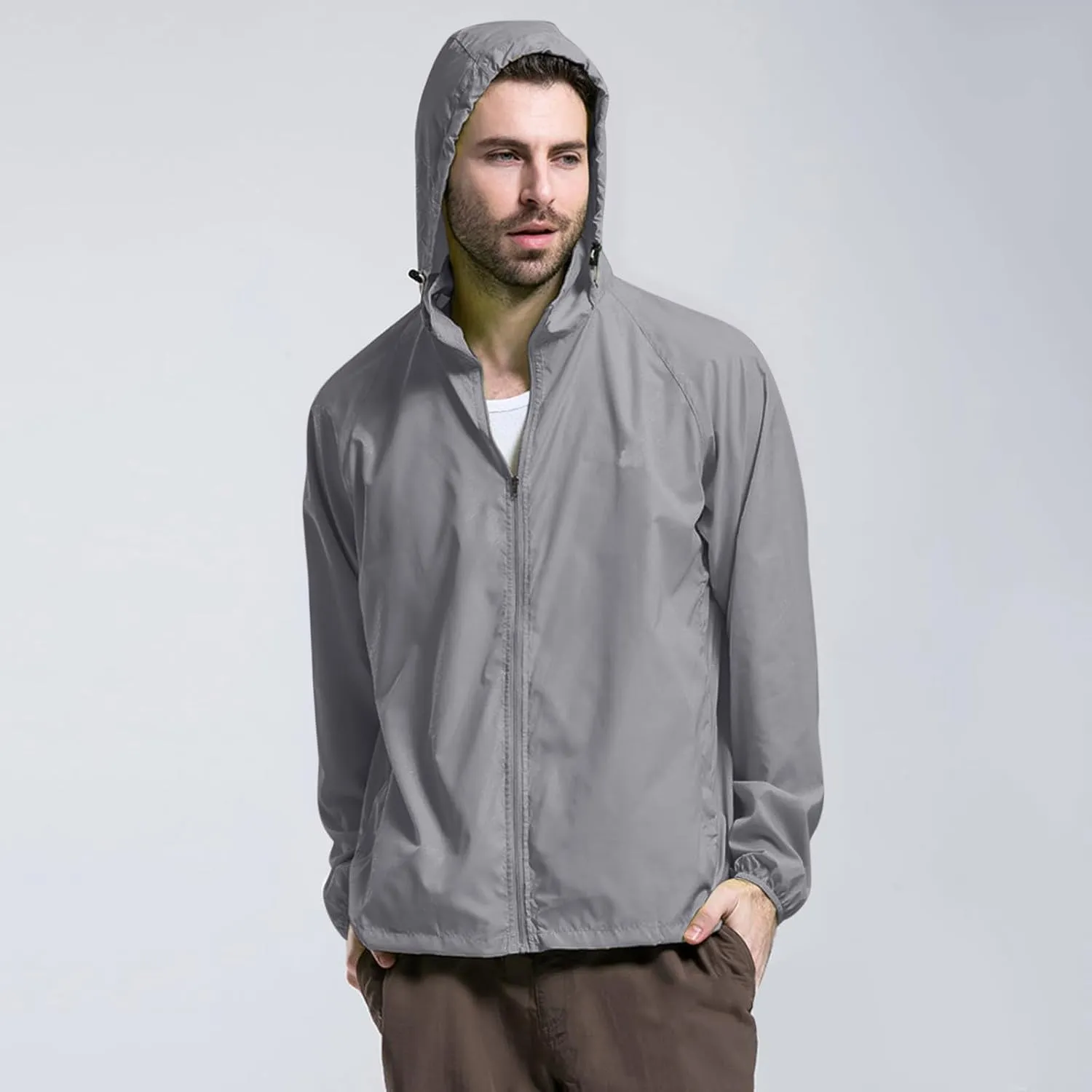 Mens Oversized Full Zip Rain Coats Unisex Baggy Outdoor Jackets with Hood Breathable Sports Windbreaker Lightweight Blouses