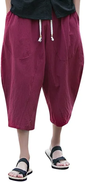 Men's Pants Relaxed Fit Wide Leg Baggy Pants Mens Summer Cotton Linen Capri Trousers Comfy Plus Size Casual Gym Pants