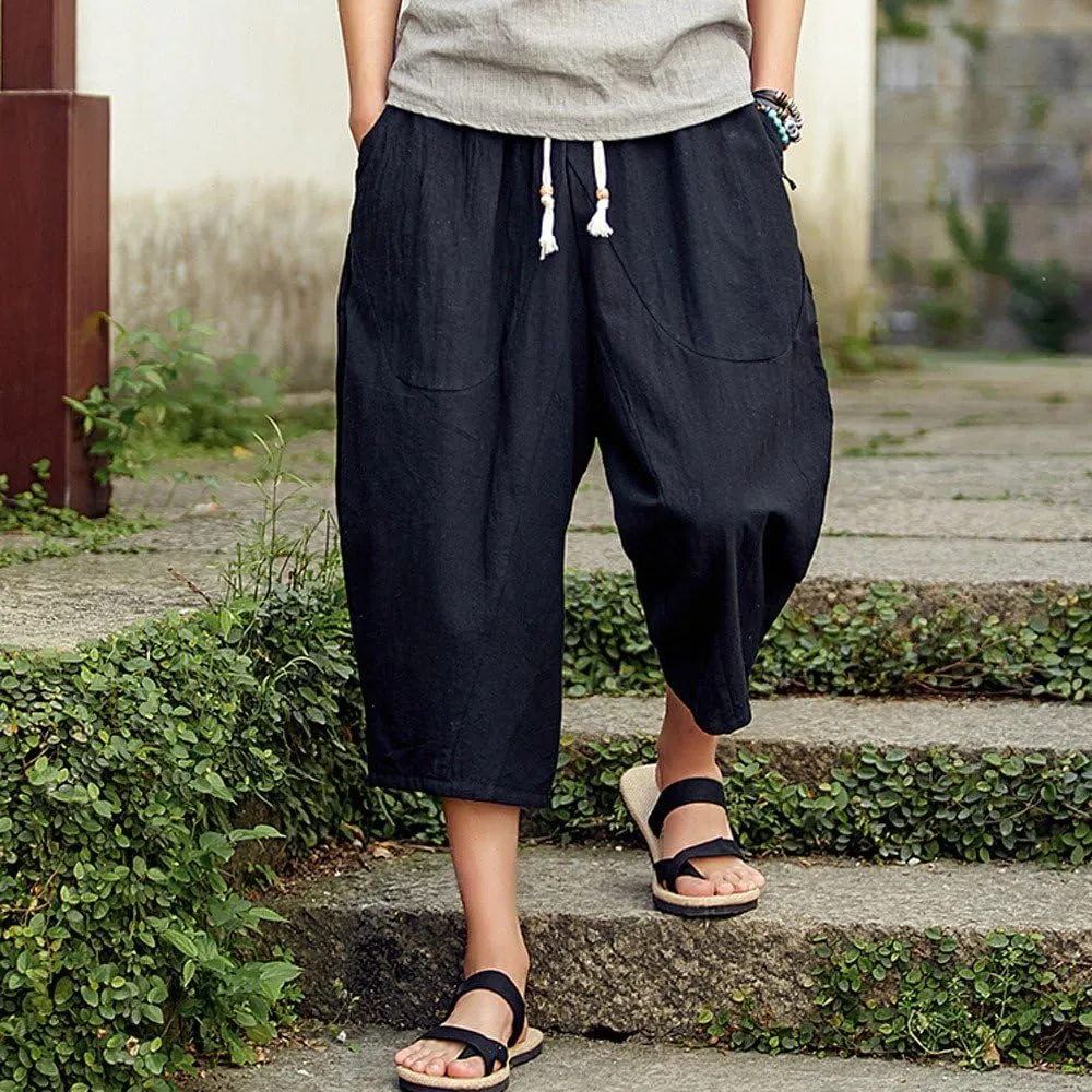 Men's Pants Relaxed Fit Wide Leg Baggy Pants Mens Summer Cotton Linen Capri Trousers Comfy Plus Size Casual Gym Pants
