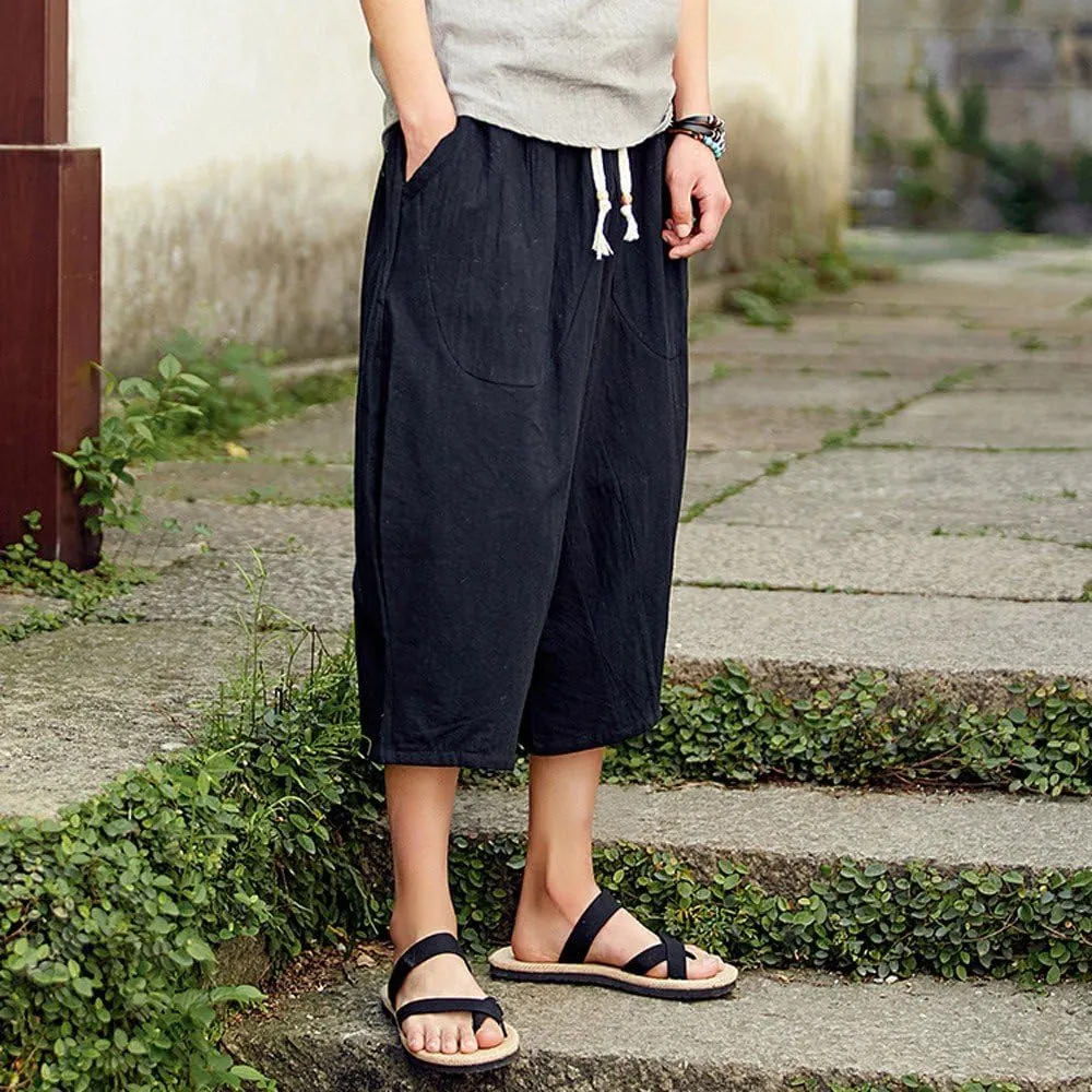 Men's Pants Relaxed Fit Wide Leg Baggy Pants Mens Summer Cotton Linen Capri Trousers Comfy Plus Size Casual Gym Pants