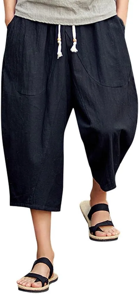 Men's Pants Relaxed Fit Wide Leg Baggy Pants Mens Summer Cotton Linen Capri Trousers Comfy Plus Size Casual Gym Pants