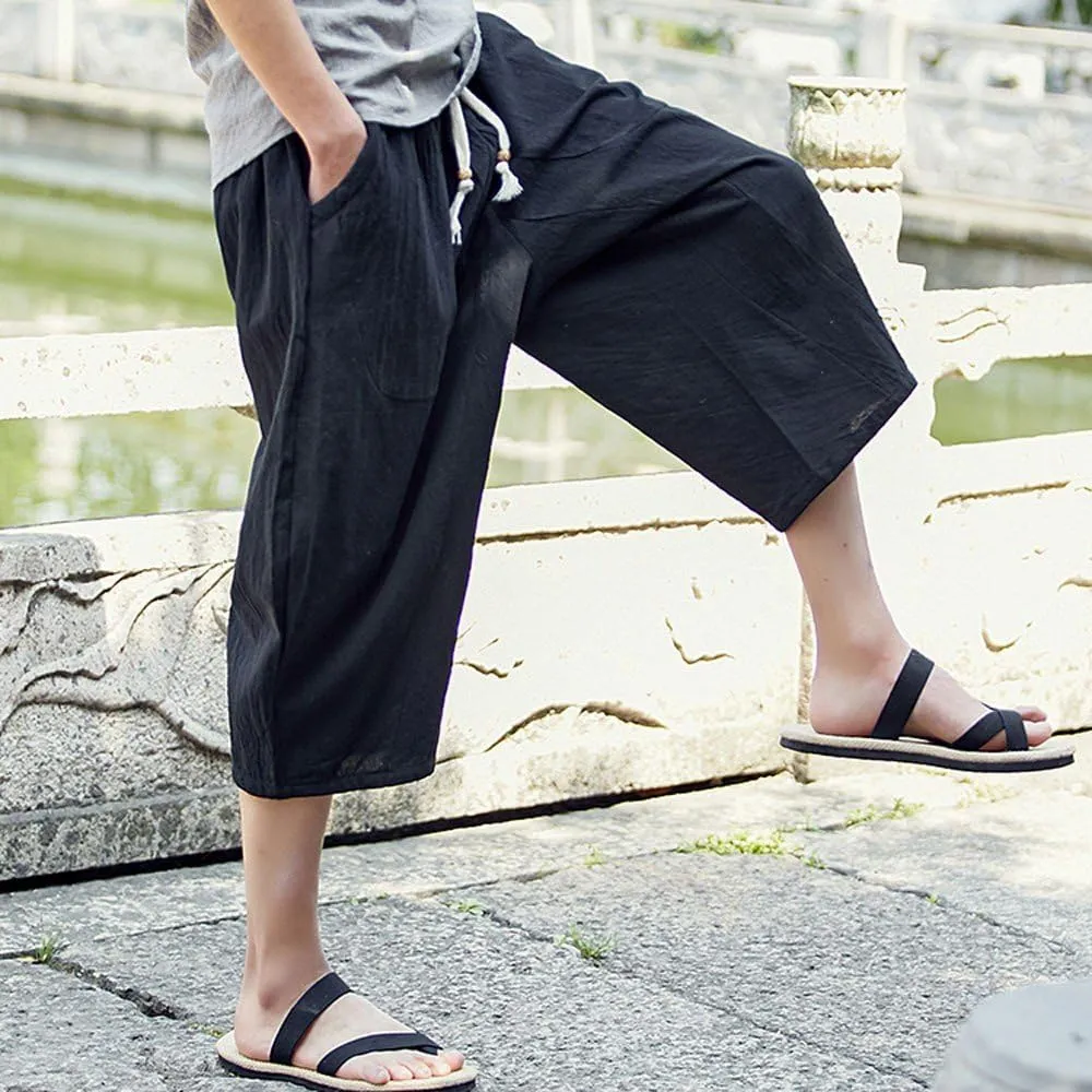 Men's Pants Relaxed Fit Wide Leg Baggy Pants Mens Summer Cotton Linen Capri Trousers Comfy Plus Size Casual Gym Pants