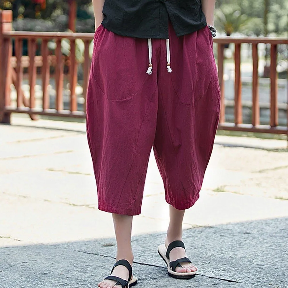 Men's Pants Relaxed Fit Wide Leg Baggy Pants Mens Summer Cotton Linen Capri Trousers Comfy Plus Size Casual Gym Pants