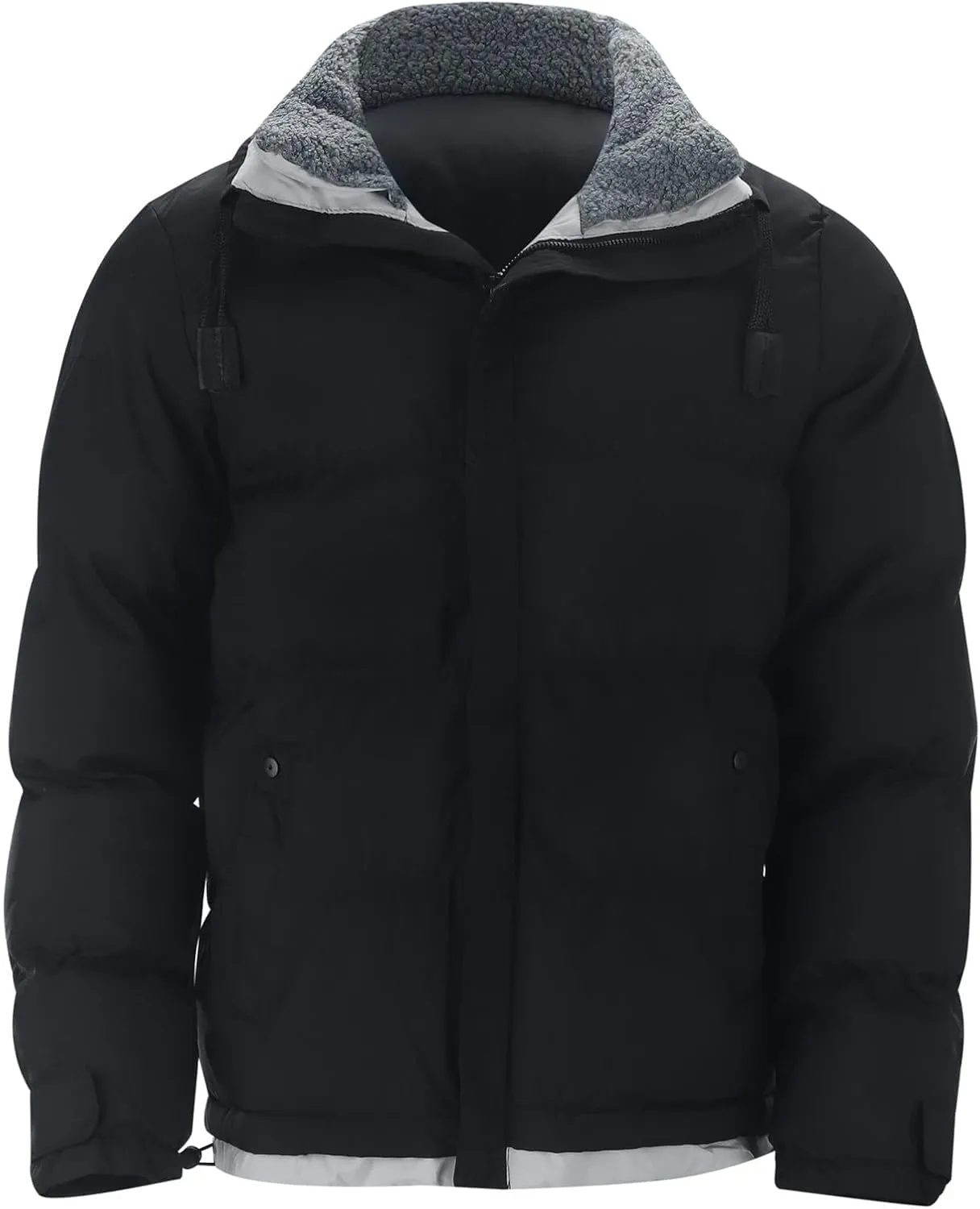 Mens Plus Size Warm Sherpa Lined Parka Jacket, Thickened Full Zip Drawstring Puffer Winter Coat with Pockets