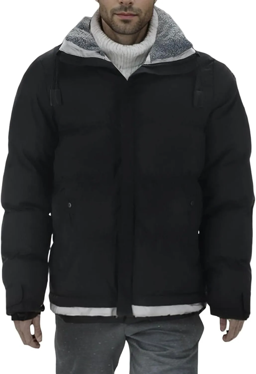 Mens Plus Size Warm Sherpa Lined Parka Jacket, Thickened Full Zip Drawstring Puffer Winter Coat with Pockets