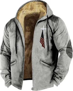 Men's Puffer Jacket Lightweight Warm Hooded Brown Zipper Personalized Patch Casual Fleece Lined Jackets for Men