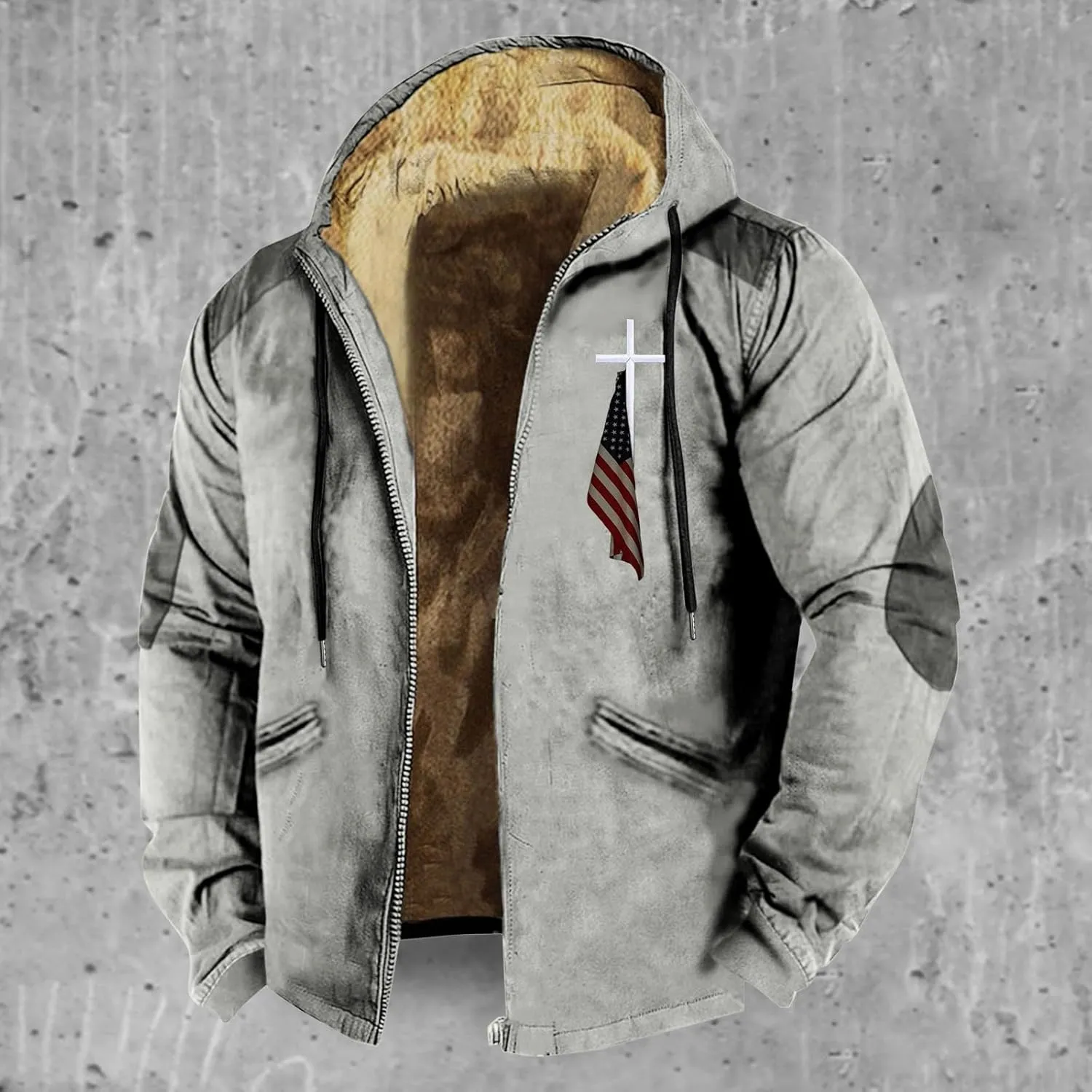 Men's Puffer Jacket Lightweight Warm Hooded Brown Zipper Personalized Patch Casual Fleece Lined Jackets for Men