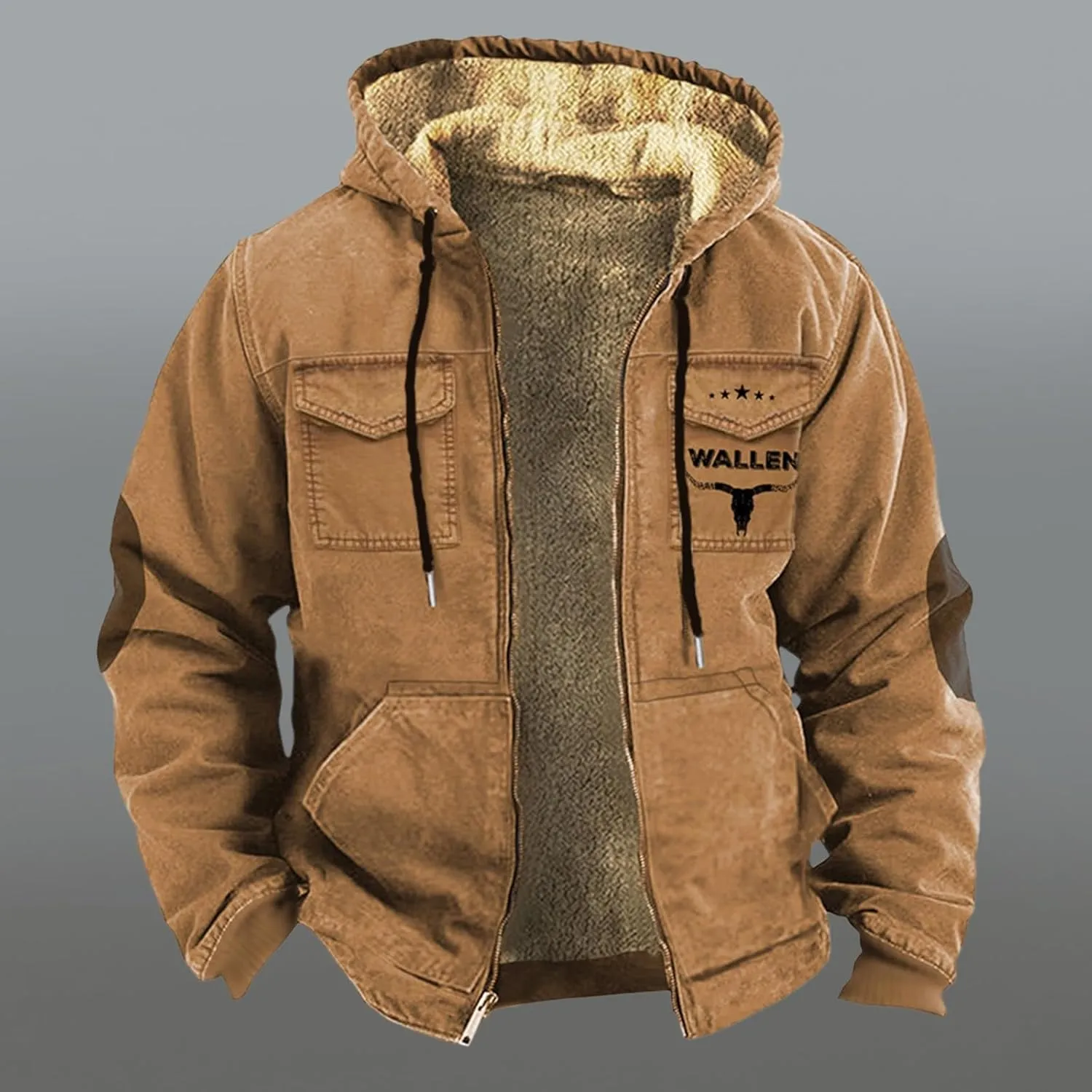 Mens Puffer Jacket Packable Jackets Double Pocket Western Cowboy 3D Printed Hooded Brown Warm Cotton Jacket Men's