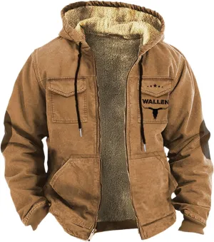 Mens Puffer Jacket Packable Jackets Double Pocket Western Cowboy 3D Printed Hooded Brown Warm Cotton Jacket Men's