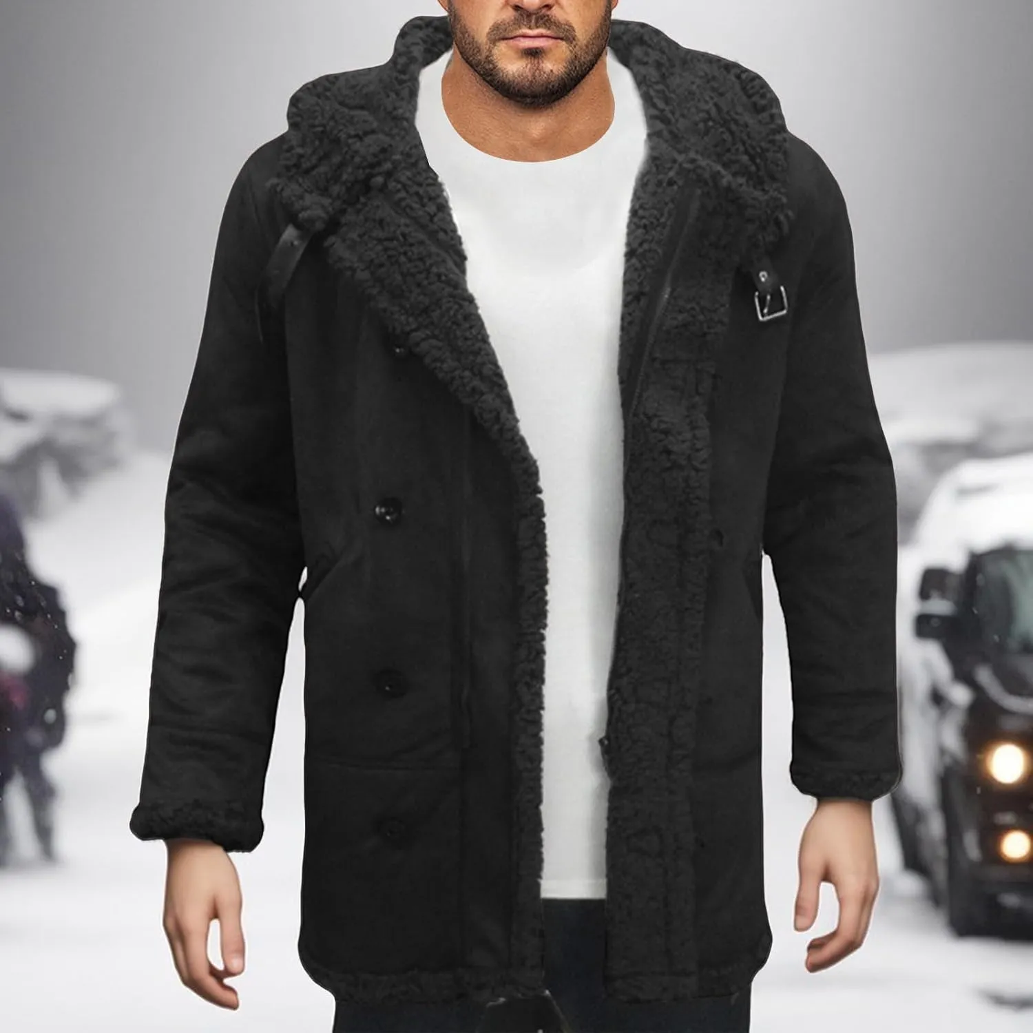 Men's Shearling Leather Coat with Hood Faux Suede Sherpa Lined Sheepskin Jacket Single Breasted Slim Jacket Overcoat