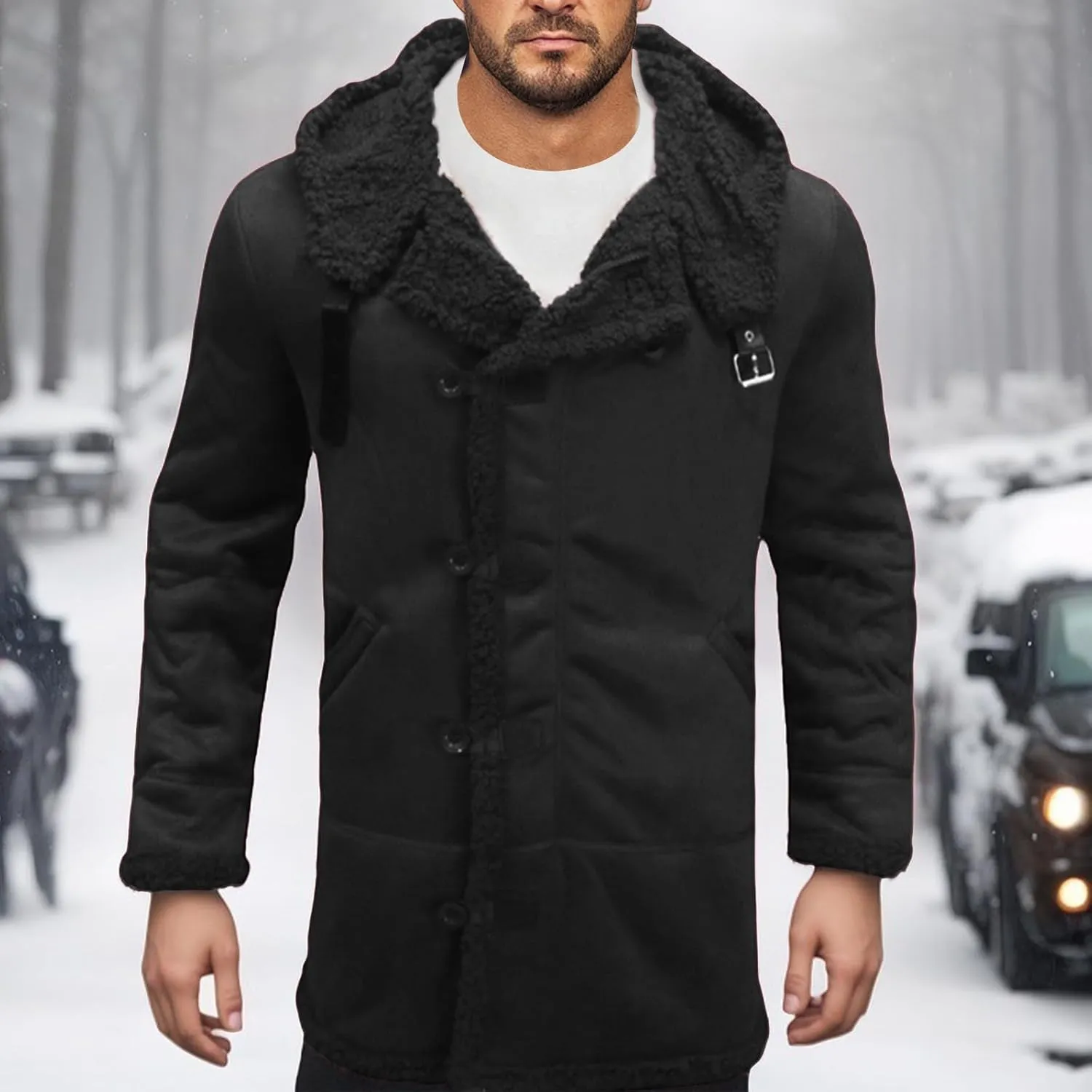 Men's Shearling Leather Coat with Hood Faux Suede Sherpa Lined Sheepskin Jacket Single Breasted Slim Jacket Overcoat