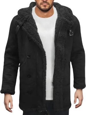 Men's Shearling Leather Coat with Hood Faux Suede Sherpa Lined Sheepskin Jacket Single Breasted Slim Jacket Overcoat