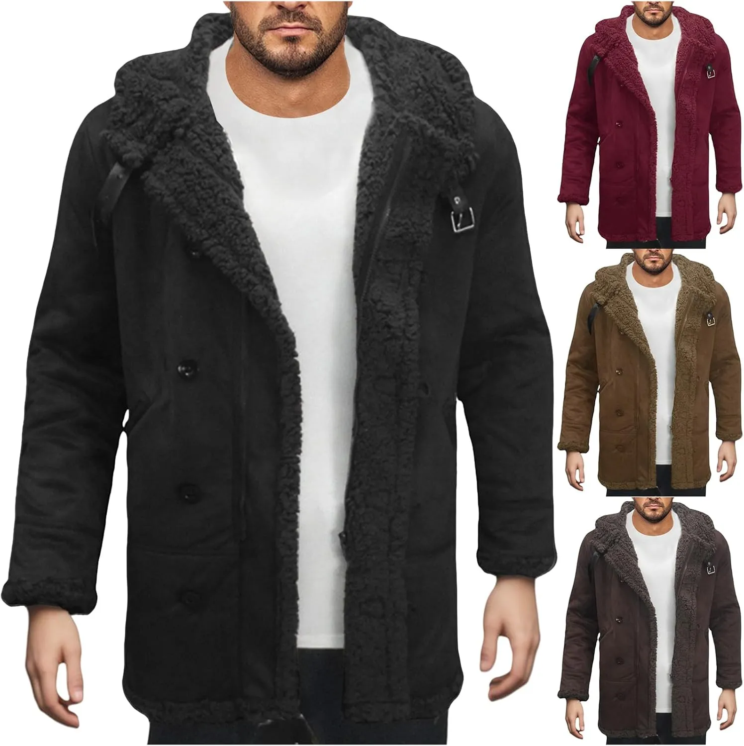 Men's Shearling Leather Coat with Hood Faux Suede Sherpa Lined Sheepskin Jacket Single Breasted Slim Jacket Overcoat