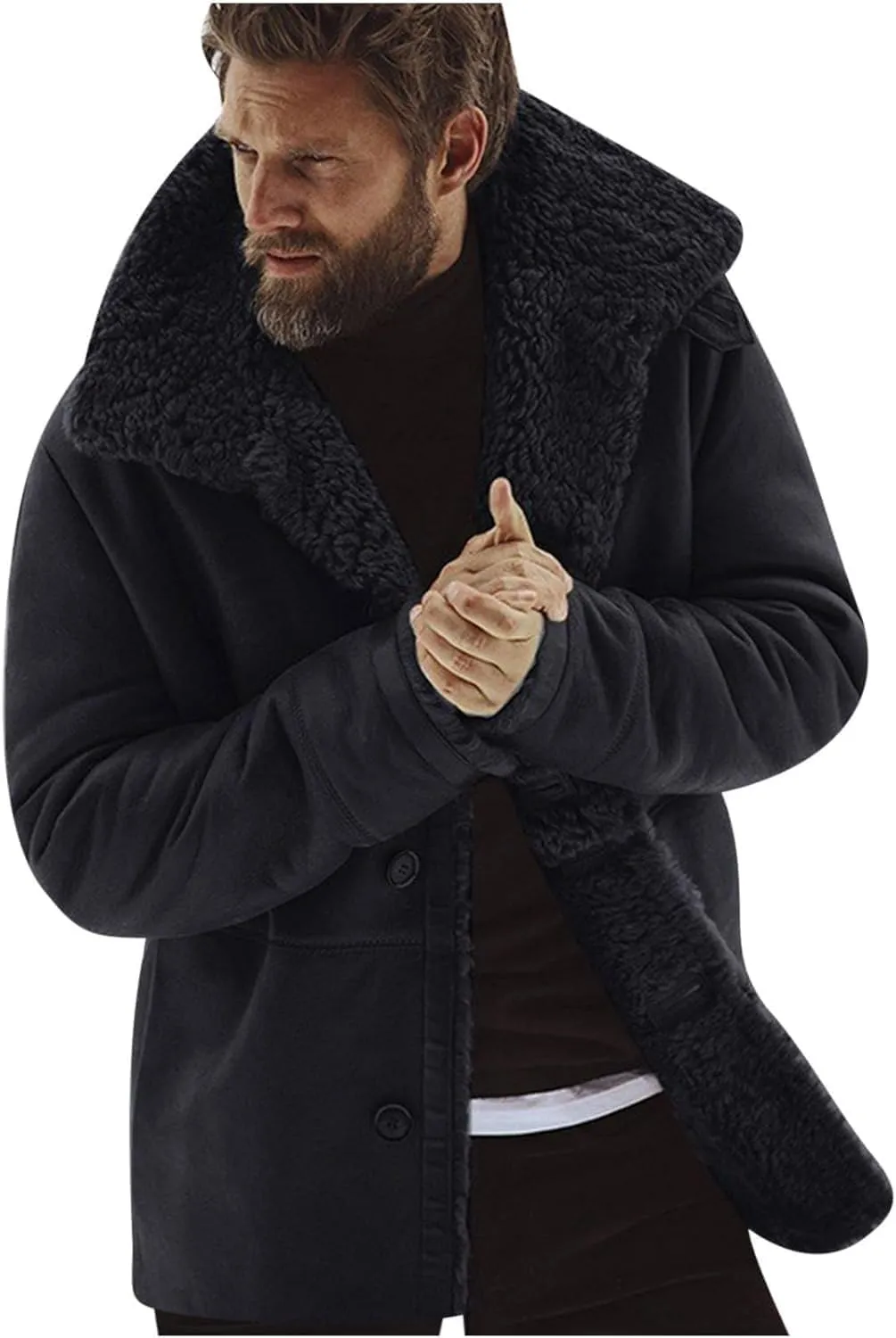 Men's Sherpa-Lined Trench Coat Big & Tall Winter Warm Button-Down Fur Collar Overcoat