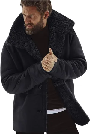 Men's Sherpa-Lined Trench Coat Big & Tall Winter Warm Button-Down Fur Collar Overcoat