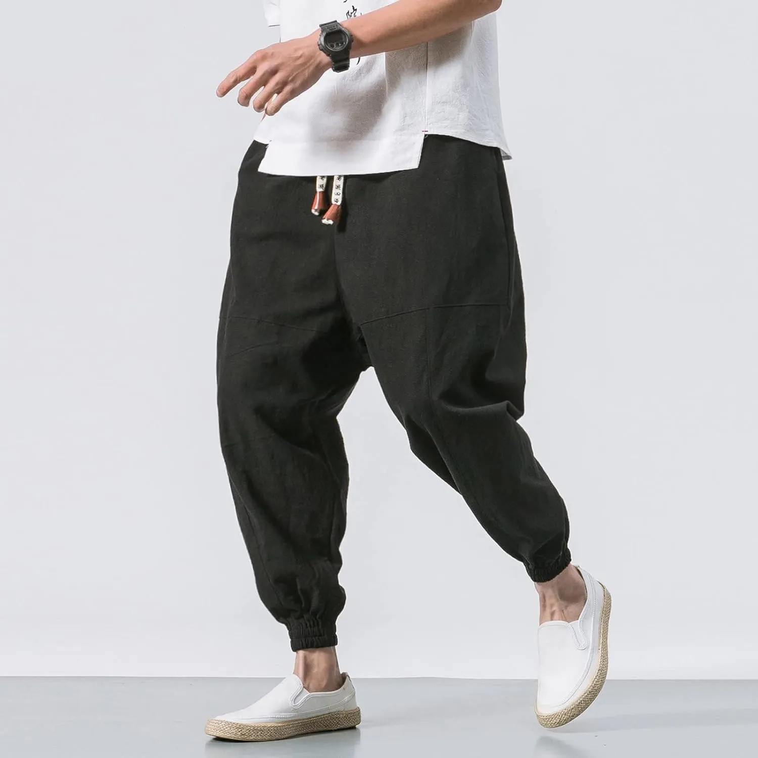 Men's Summer Pants Solid Color Elastic Waist Drawstring Pocket Slim Leg Casual Athletic Sport Clothes Fresh Trousers