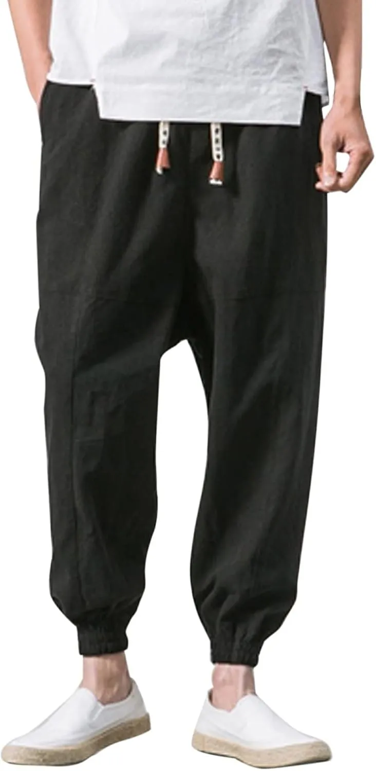 Men's Summer Pants Solid Color Elastic Waist Drawstring Pocket Slim Leg Casual Athletic Sport Clothes Fresh Trousers